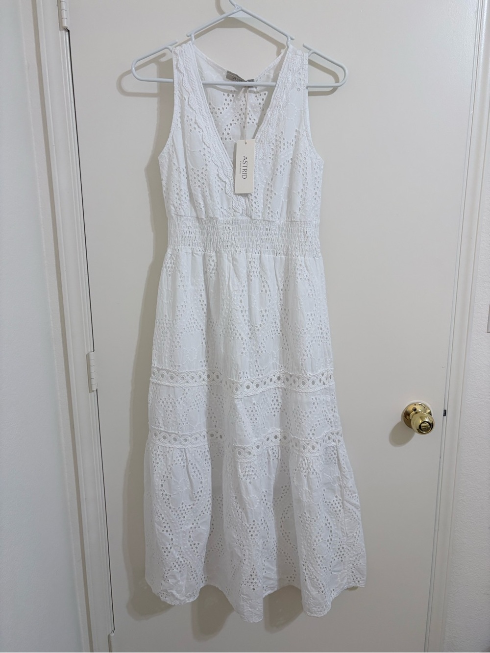 Astrid White Eyelet V‑Neck Midi Dress
